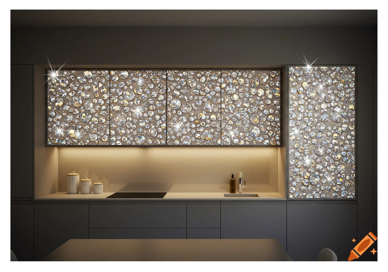 A modern kitchen with cabinets adorned with sparkling diamonds, illuminated by under-cabinet lighting.
