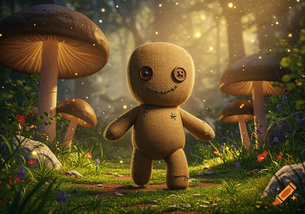 A cute burlap doll with button eyes stands on a path in a magical forest with glowing particles and large mushrooms.