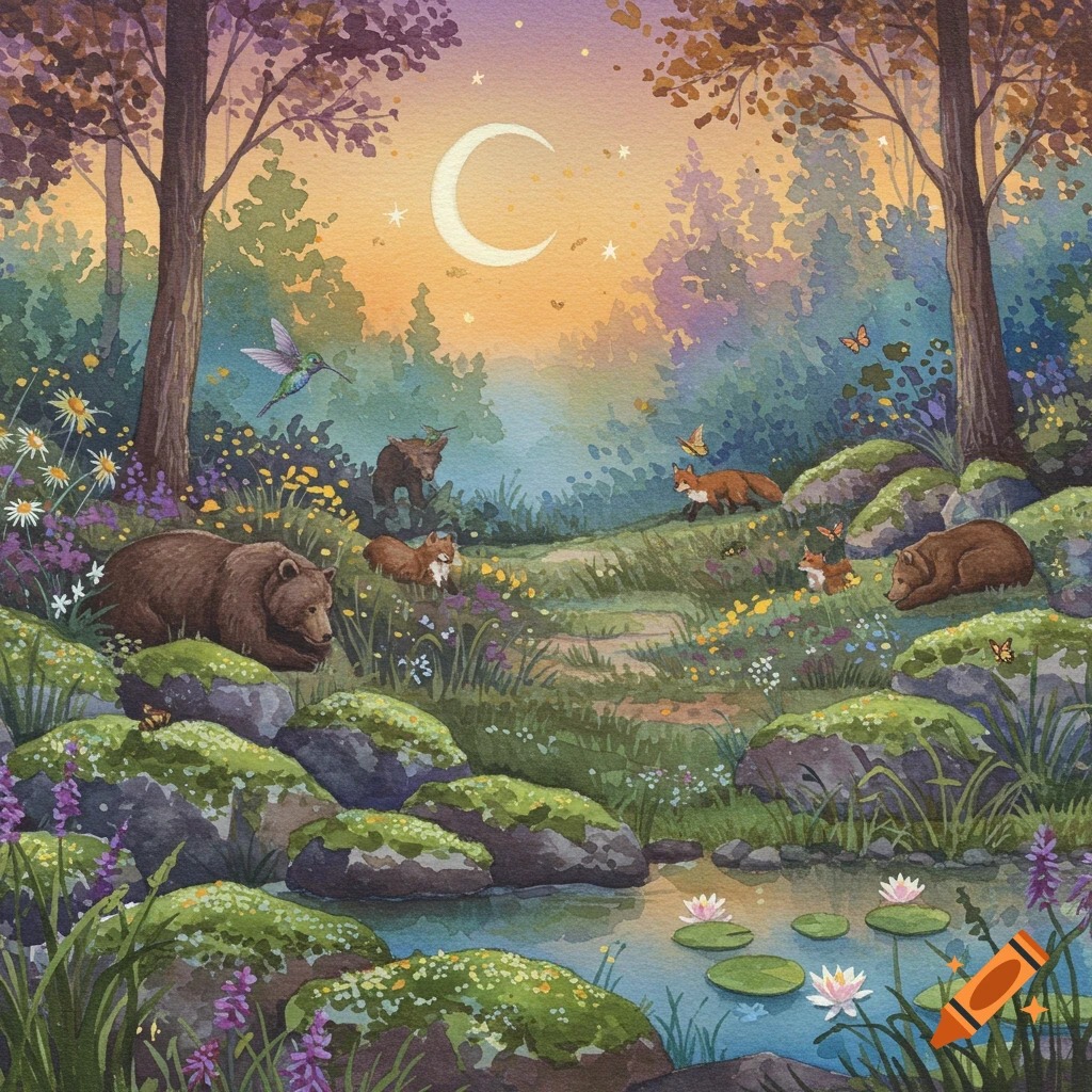 A whimsical watercolor illustration of a forest at dusk with bears, foxes, and a hummingbird, under a crescent moon.