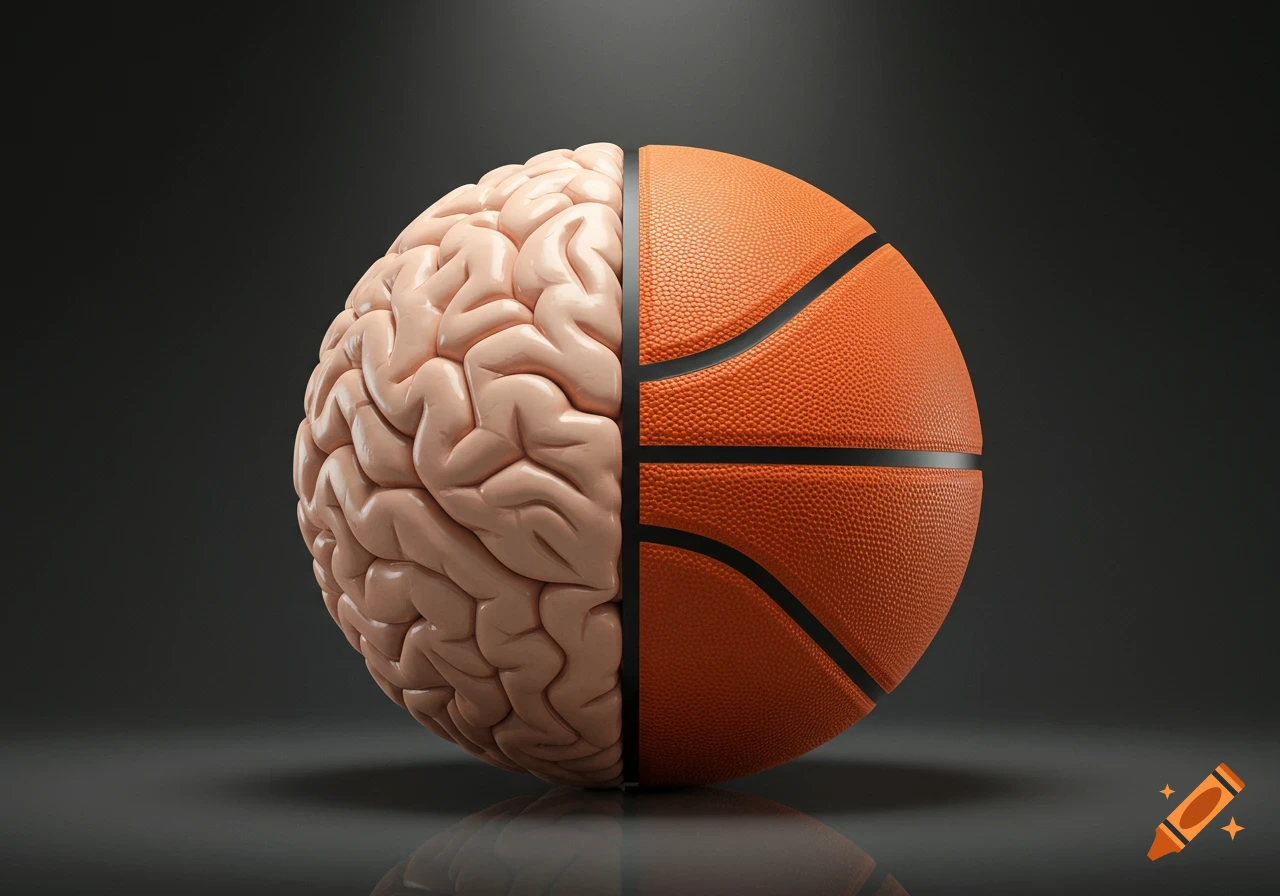A photorealistic image of a human brain merged with a basketball, split down the middle, on a dark background.