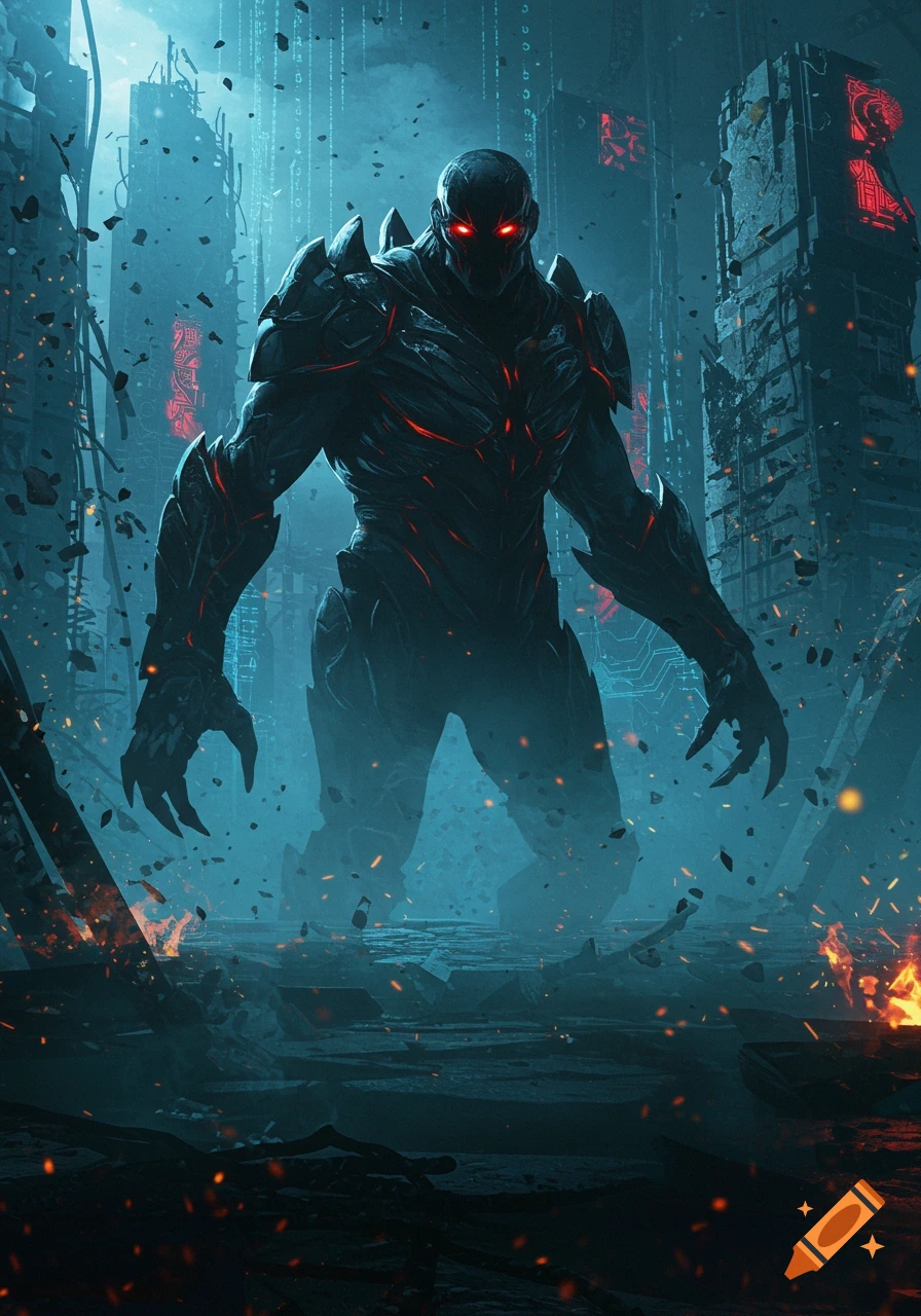 A menacing, large, armored creature with glowing red eyes stands in a ruined, dark, futuristic city with falling debris and fire.