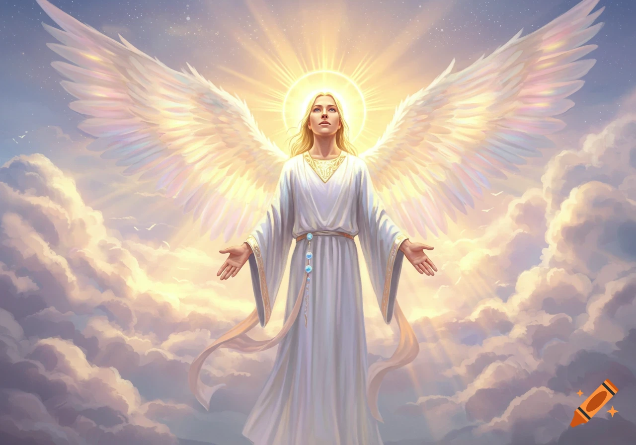 A majestic blonde angel in a white robe with outstretched arms and large white wings, bathed in golden light among clouds.