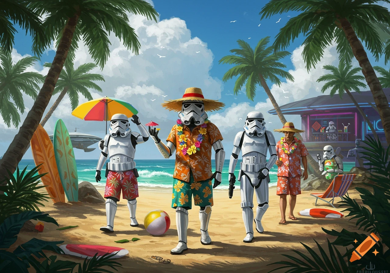 Humorous illustration of Stormtroopers on a tropical beach vacation, some wearing hawaiian shirts and straw hats, with surfboards and a beach bar in the background.