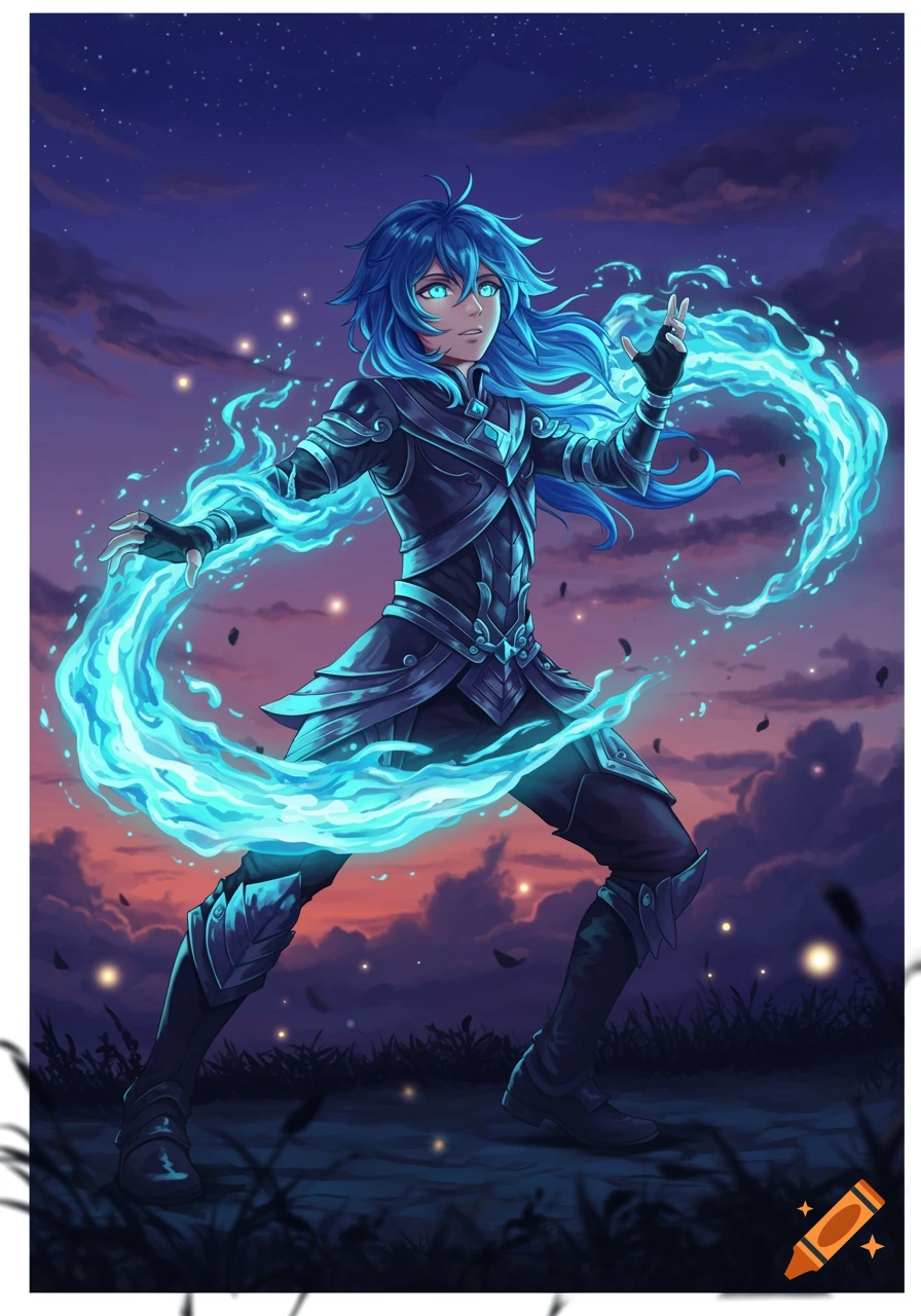 Anime character with blue hair and glowing blue eyes manipulating vibrant blue fire against a twilight sky.