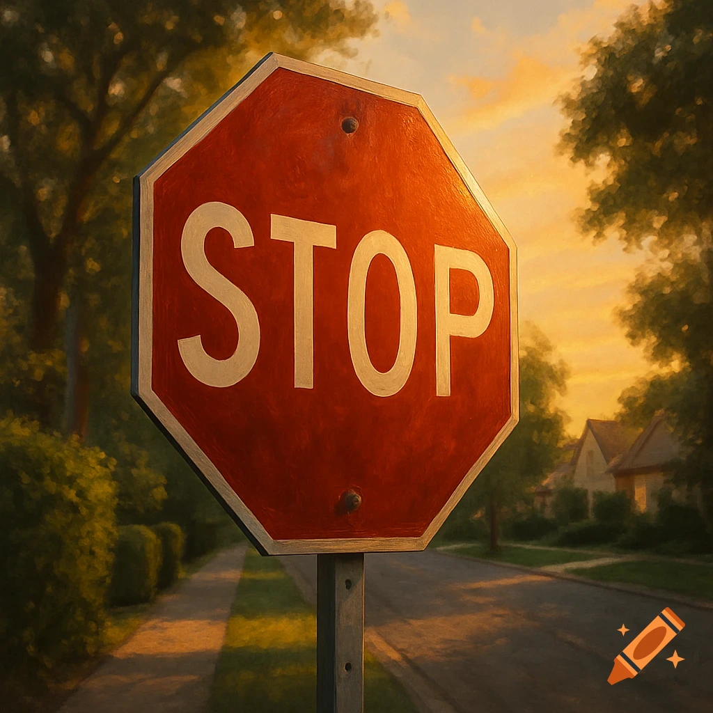 A red stop sign stands on a pole at an intersection on a tree-lined street during sunset, in a painterly style.
