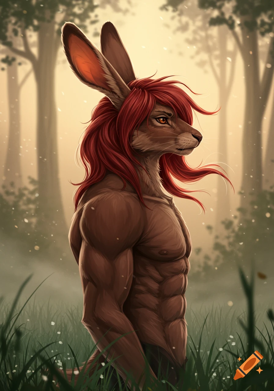 A muscular, brown anthropomorphic rabbit with long red hair stands in a misty forest at sunset.