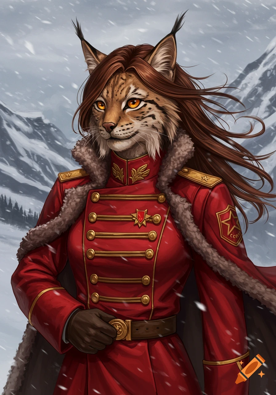 A Eurasian lynx furry in a red military uniform with gold trim and fur collar stands in a snowy mountain landscape.