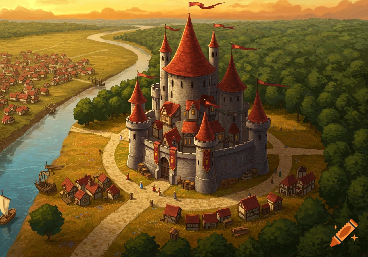 A detailed illustration of a medieval fantasy castle with red roofs and banners, situated by a river, village, and forest under an orange sky.