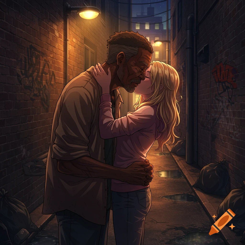 Anime-style romantic couple kissing in a dimly lit, trashy urban alley with graffiti.