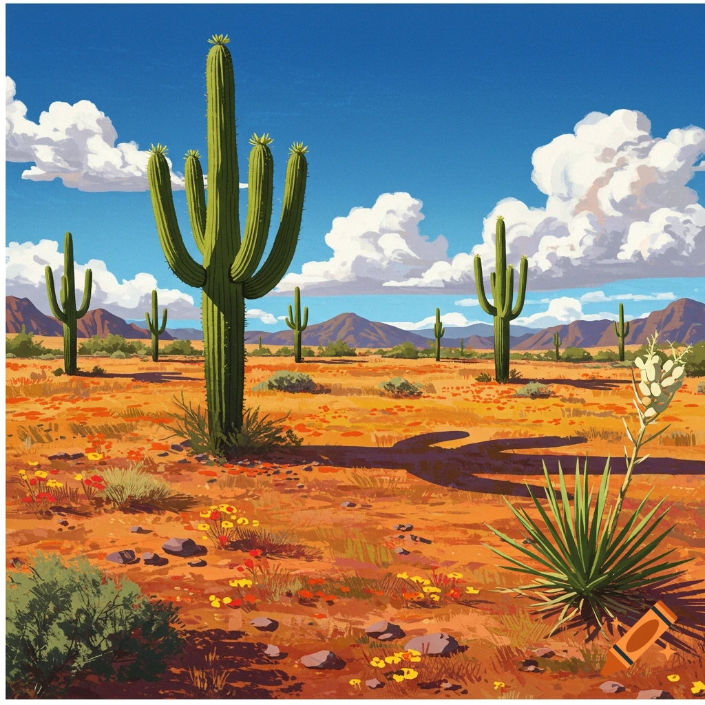 Vibrant painted desert landscape with saguaro cacti, mountains, and wildflowers under a blue sky with fluffy clouds.