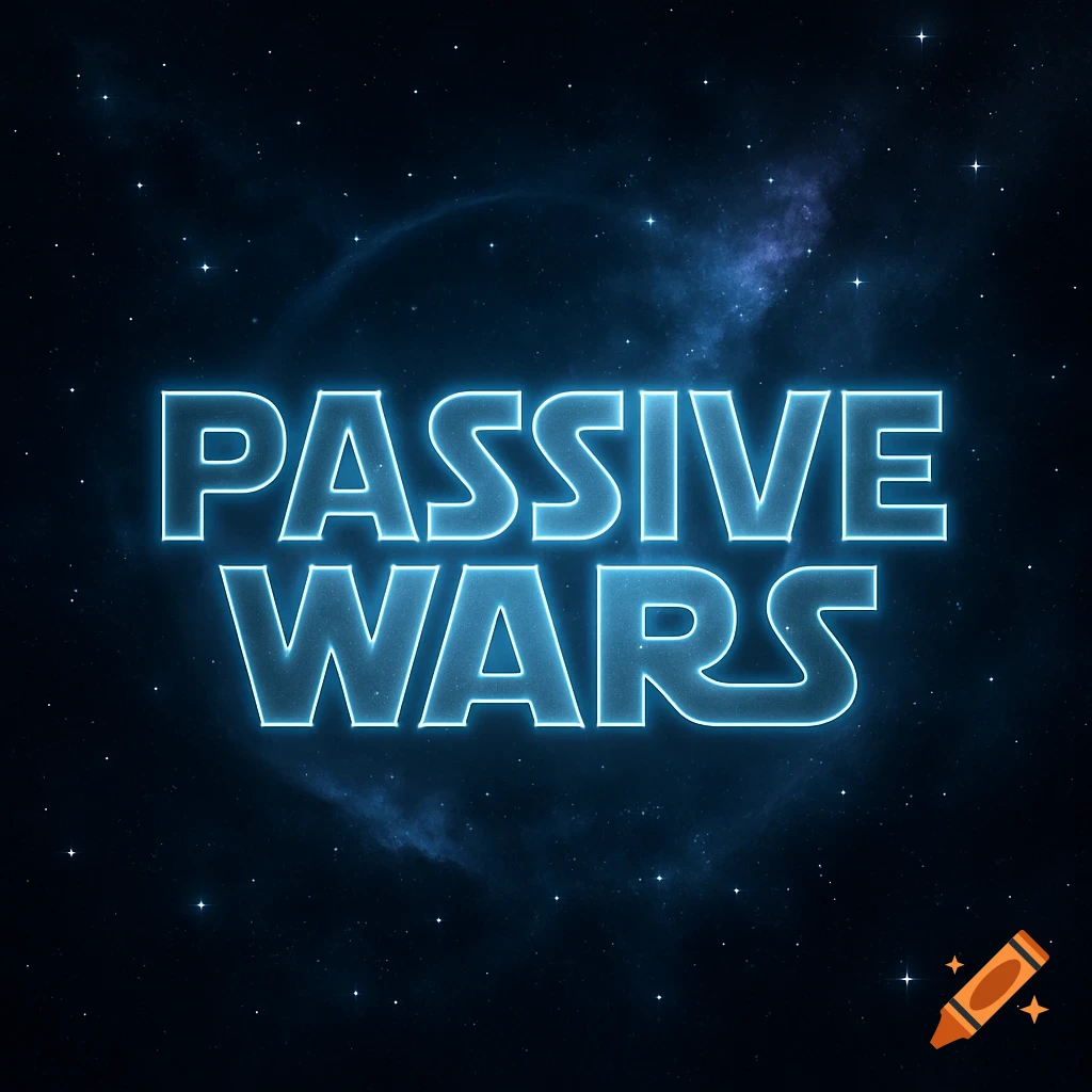 The words 'PASSIVE WARS' in bright blue neon-style font on a dark starry space background, resembling the Star Wars logo.