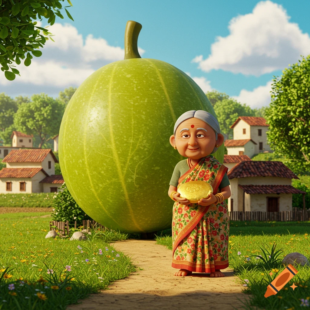 An elderly Indian woman in a colorful sari holds a golden object in a surreal 3D animated village with a gigantic green gourd.
