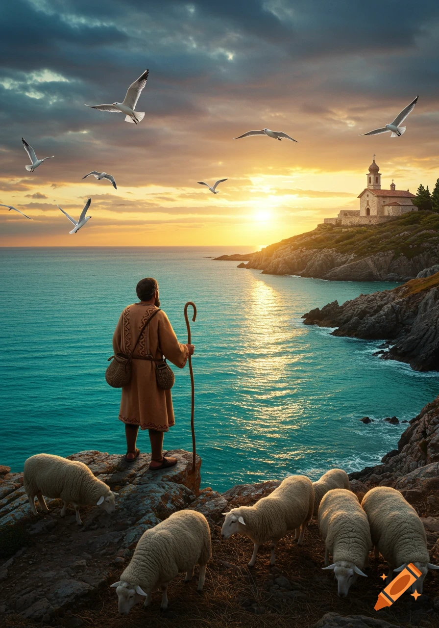 A shepherd with his staff stands on a cliff overlooking the ocean at sunset, with sheep grazing nearby and a church on a distant hill.