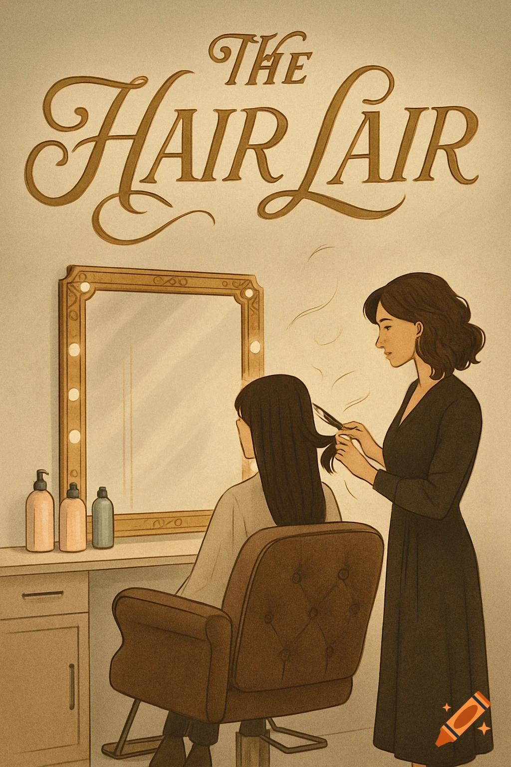 An illustration of a hair stylist cutting a client's hair in a salon, with the words "The Hair Lair" in elegant script above them.