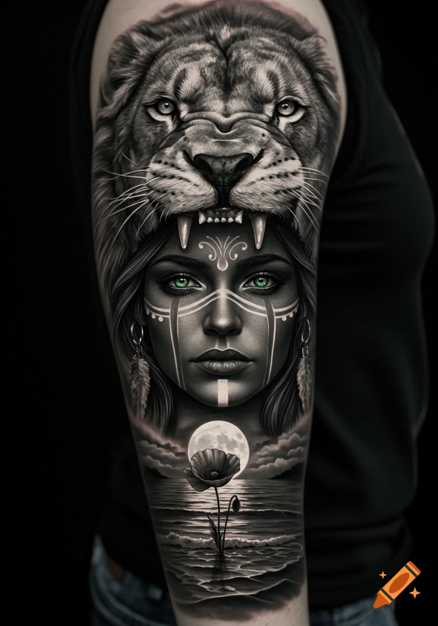 A full arm tattoo featuring a woman with green eyes, tribal paint, and a lion headdress above a moonlit ocean with a poppy, in black and white.