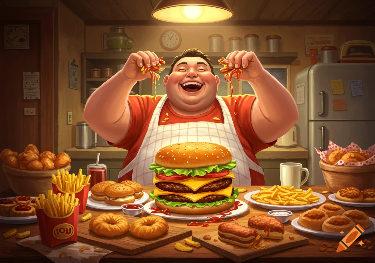 A smiling man in an apron holds fries over a table full of burgers, fries, and pastries in an illustrated kitchen.