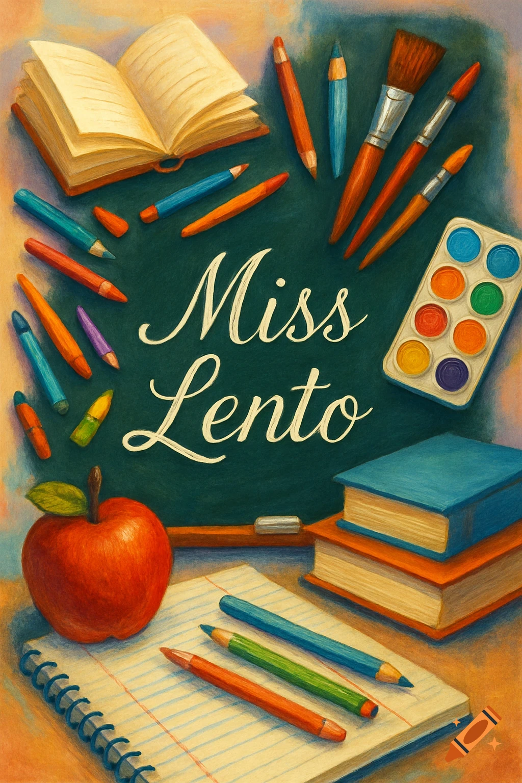 A colored pencil illustration of school supplies including books, pencils, paint, and an apple surrounding the text 'Miss Lento' on a green background.