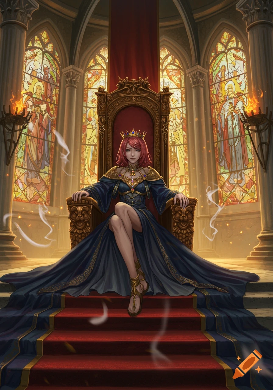 A woman with red hair wearing a crown and a blue dress sits regally on a golden throne in a gothic hall with stained glass windows.