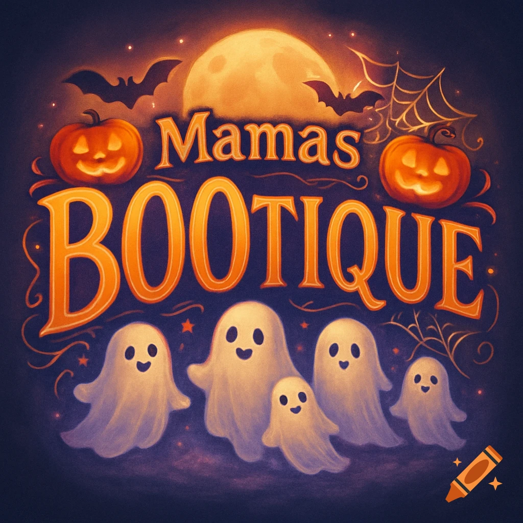 A Halloween logo with 'Mamas BOOTIQUE' text, cute ghosts, smiling pumpkins, bats, and a full moon on a dark, starry background.
