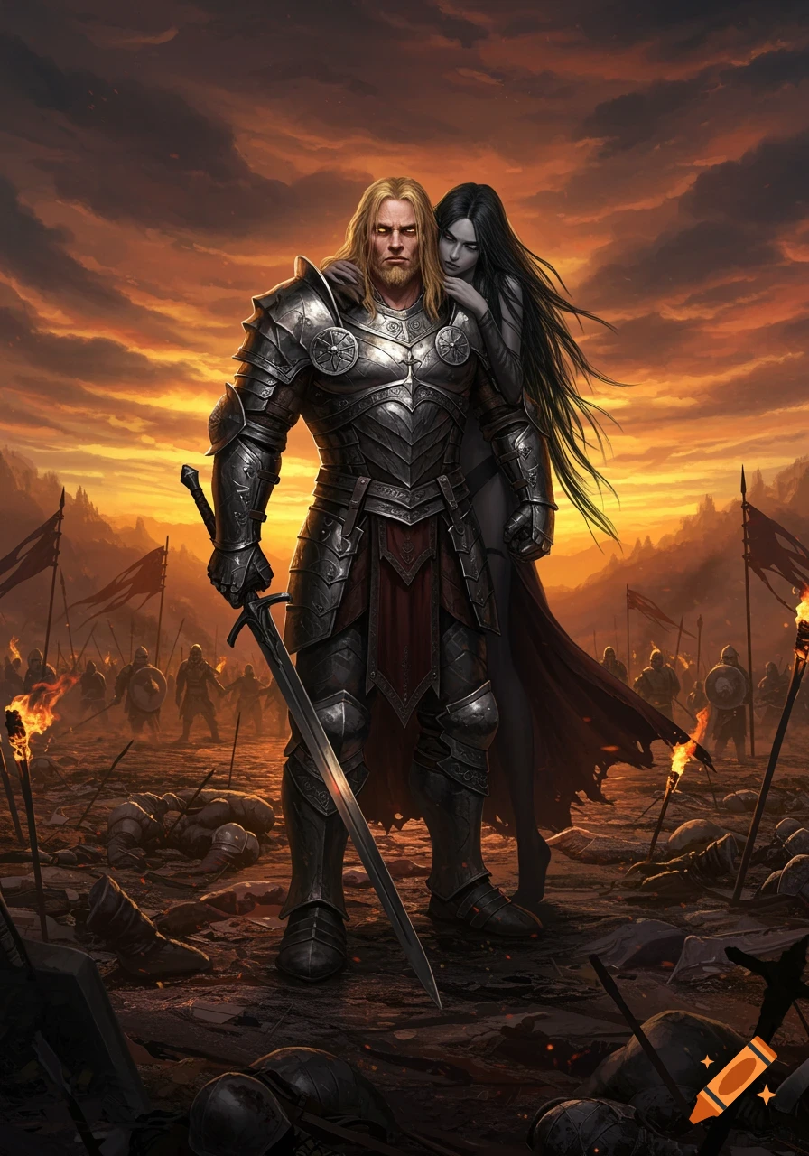 A blonde knight in armor and a dark-haired woman stand on a desolate battlefield with fallen soldiers and torches at sunset, fantasy style.