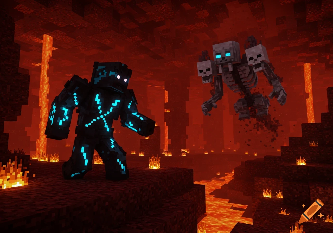 A Minecraft warden battles a wither in the fiery Nether realm.