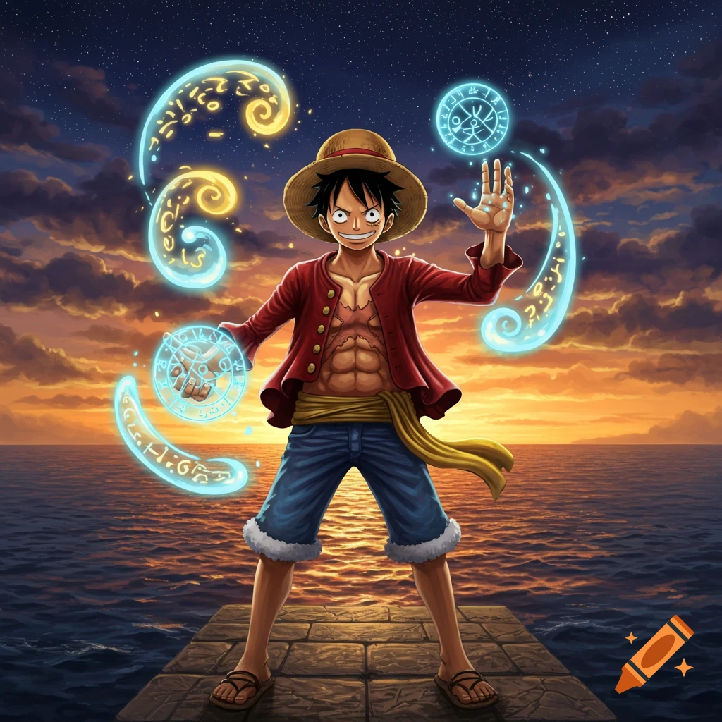Luffy from One Piece casting glowing spells on a dock at sunset.