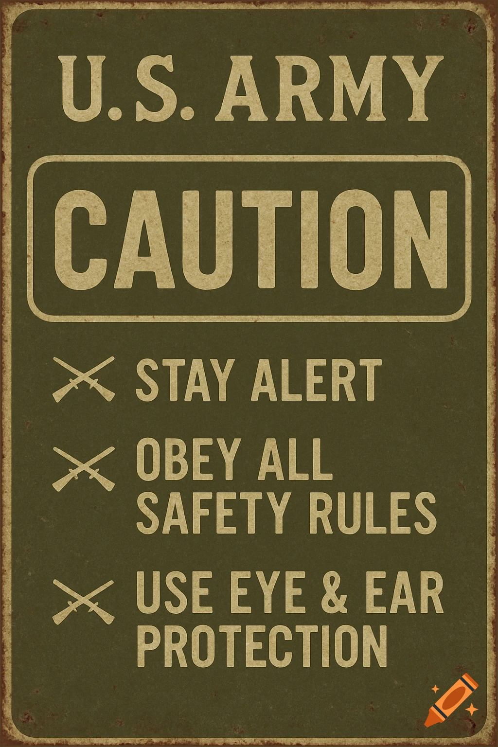 A vintage distressed U.S. Army caution sign with safety rules.