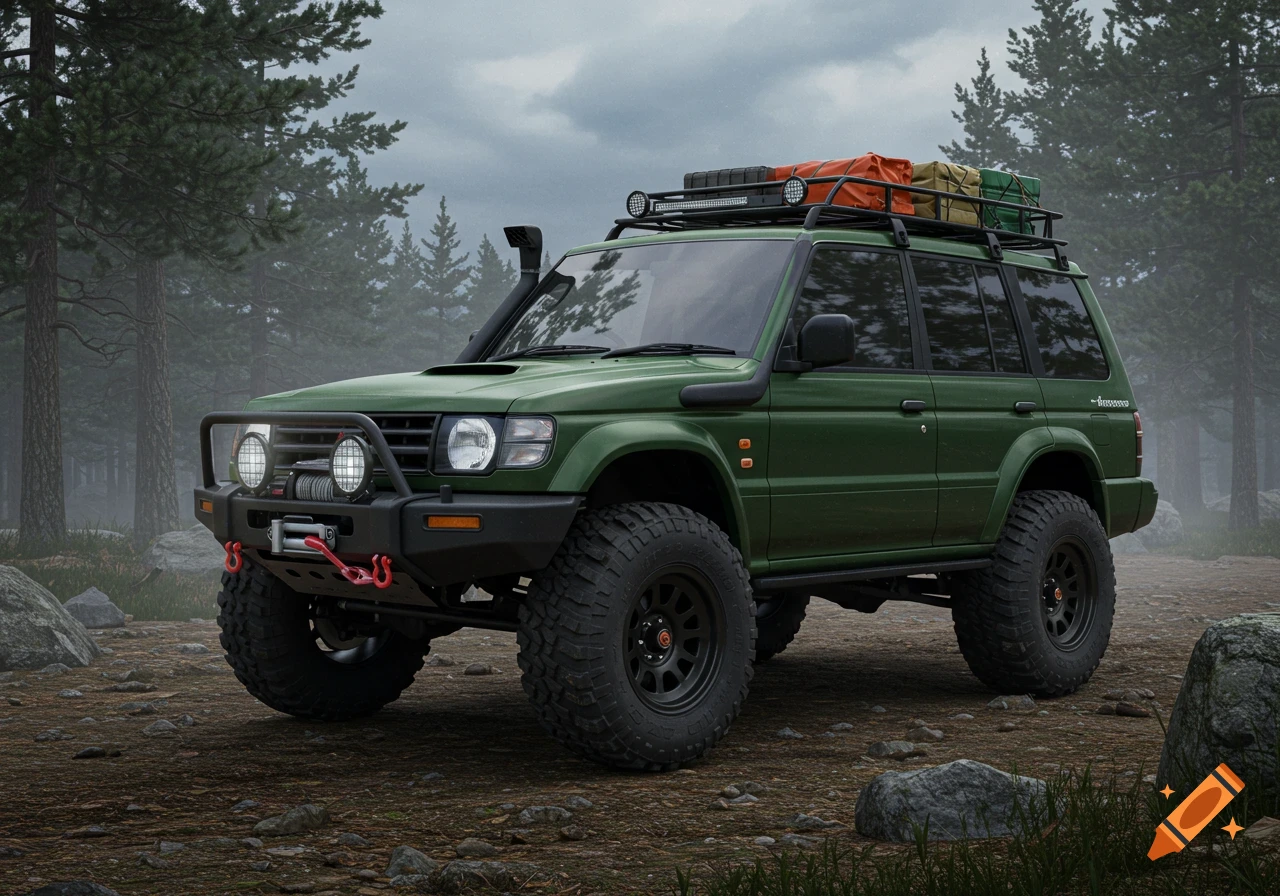 Dark green Mitsubishi Pajero SUV with off-road modifications, snorkel, and roof rack parked on a dirt trail in a misty forest.