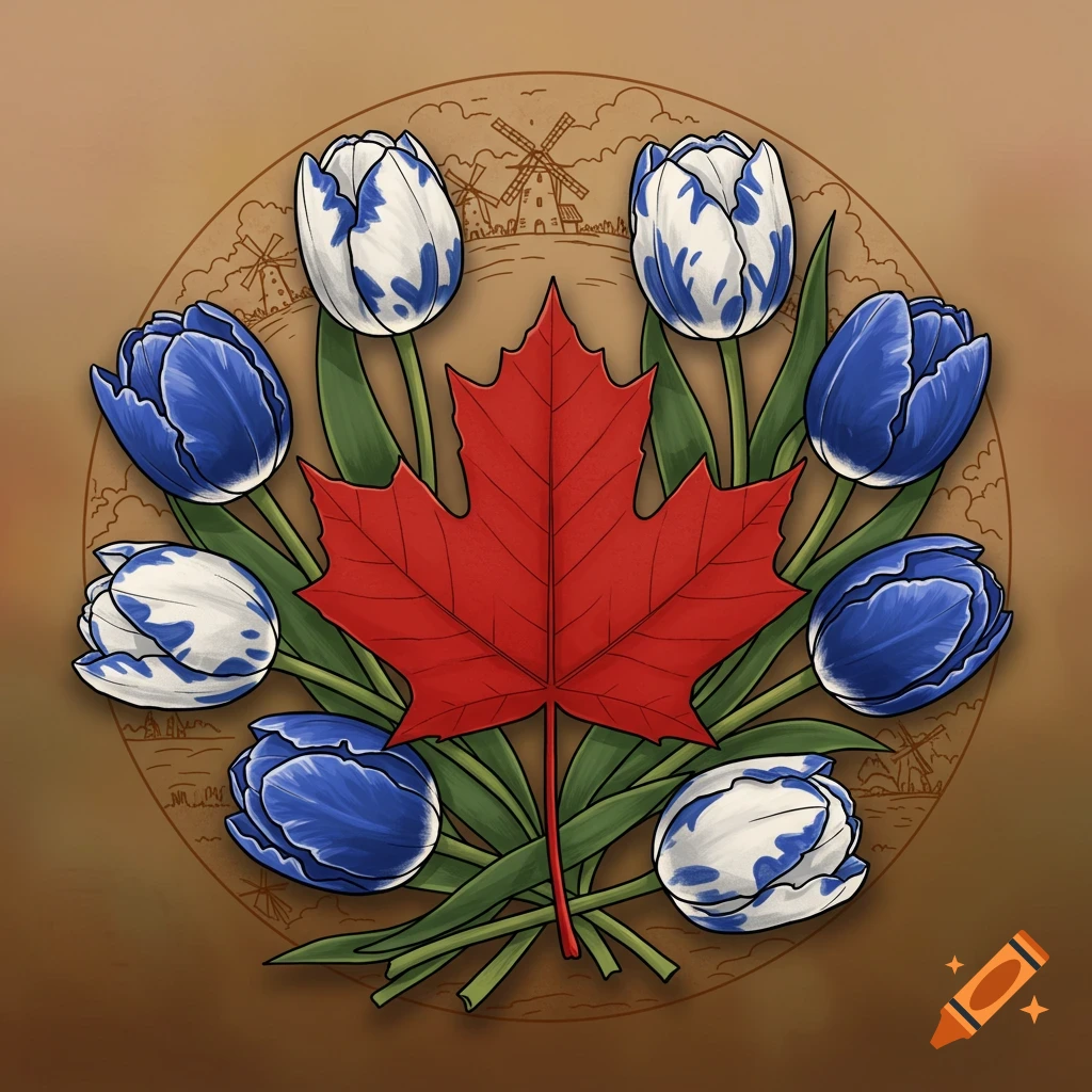 A red maple leaf surrounded by blue and white tulips, with windmills in the background, stylized as a tattoo design.