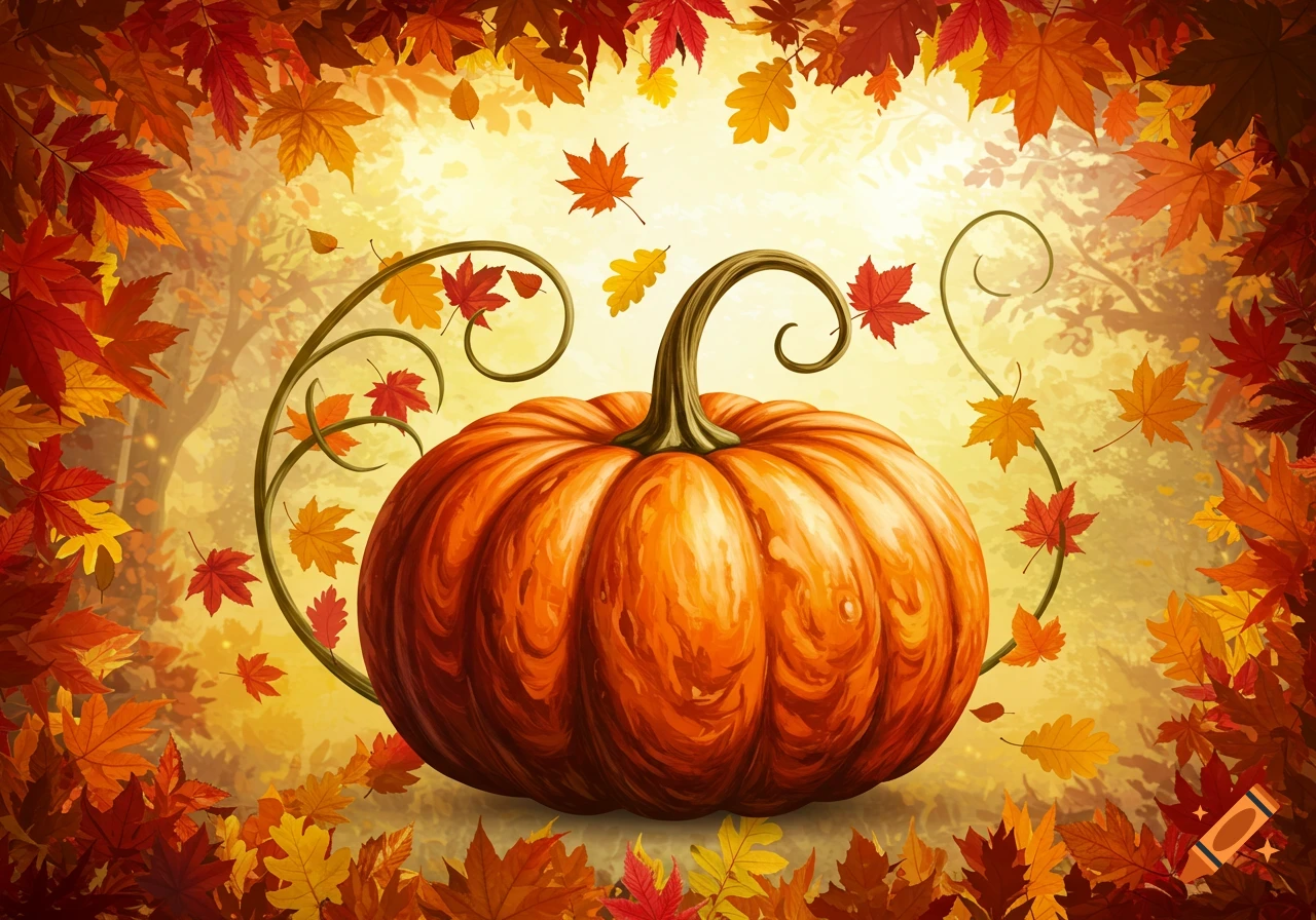 A vibrant illustration of a pumpkin surrounded by colorful autumn leaves, with a bright background.