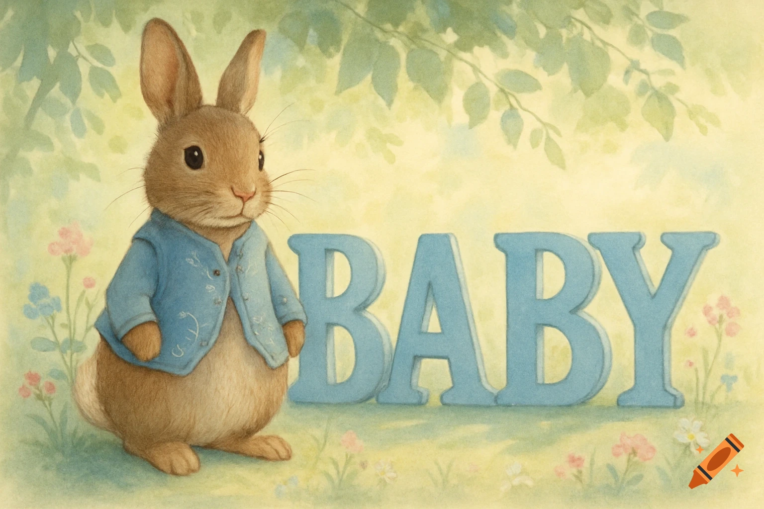 A watercolor illustration of a cute brown rabbit in a blue waistcoat next to the word "BABY" in light blue letters.