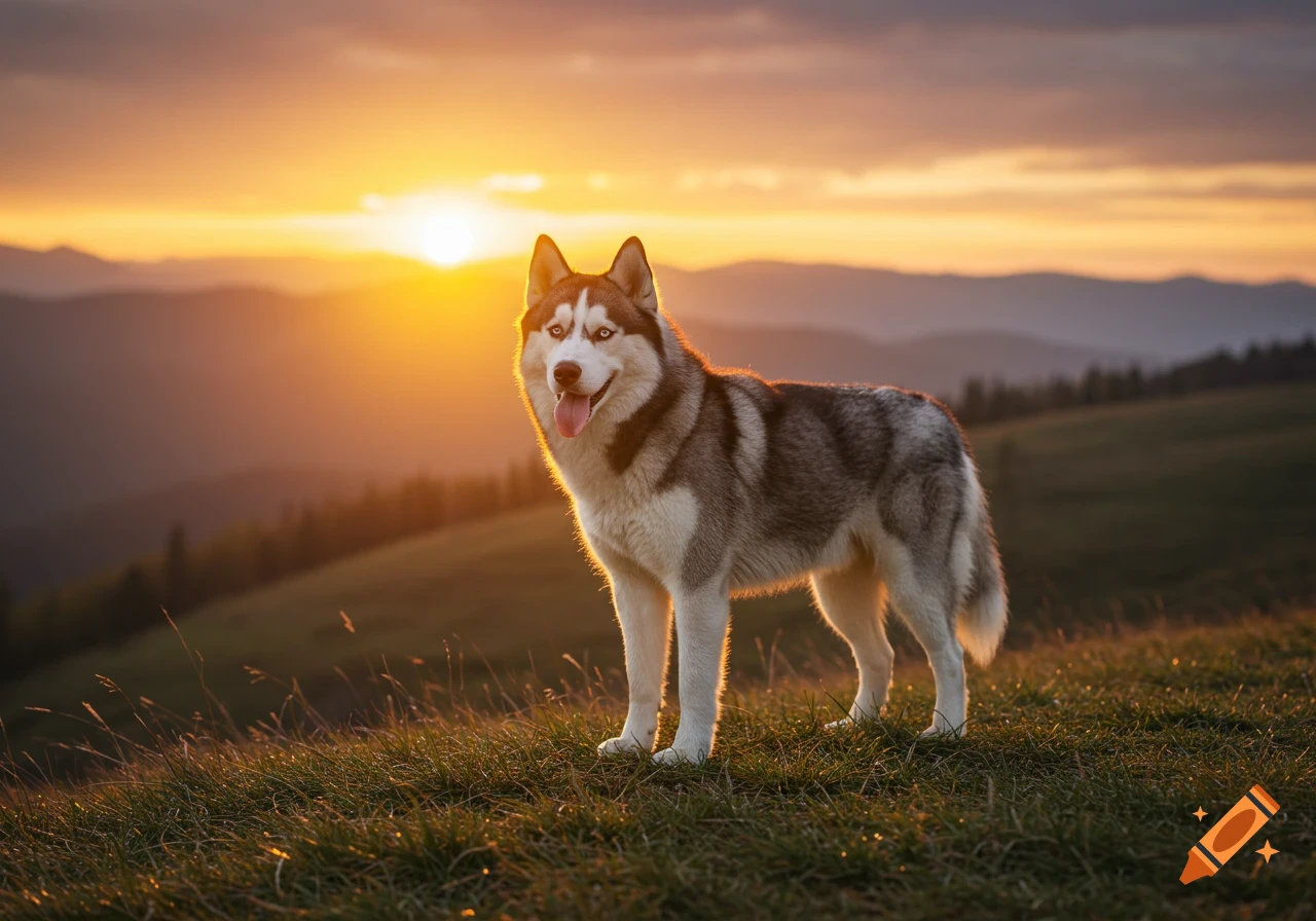 A majestic Siberian Husky stands on a grassy hill at sunset with mountains in the background.