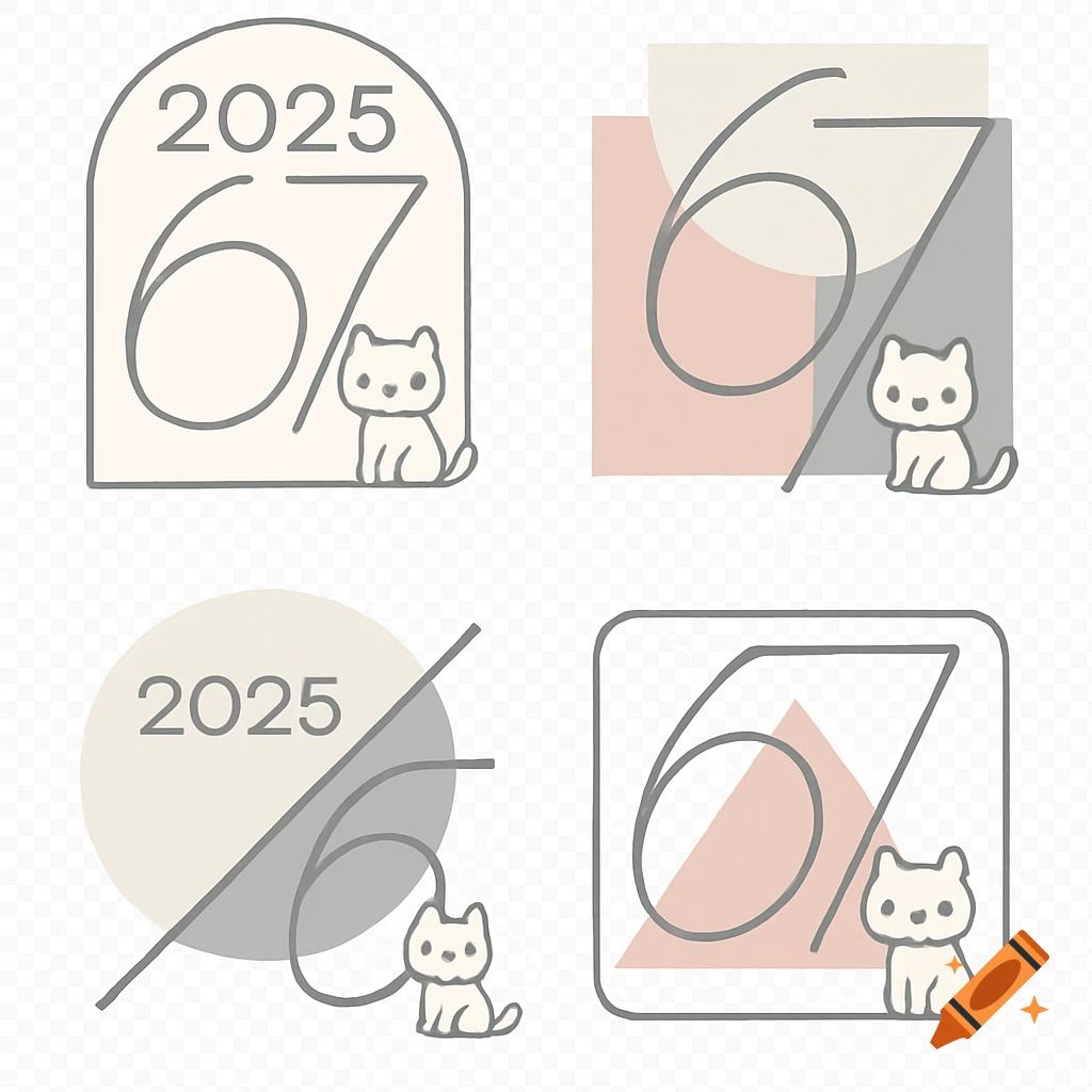 Four simple vector designs with a white cat, numbers '67' and '2025' on transparent and colored backgrounds.