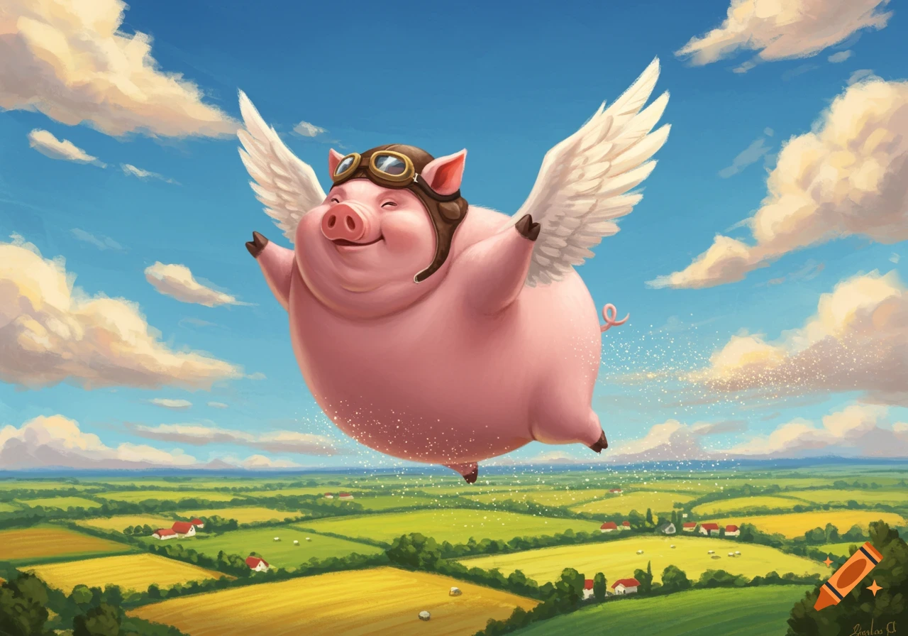 A happy pink cartoon pig wearing a pilot's helmet and goggles, flying with white wings over a green and yellow patchwork landscape under a blue sky.