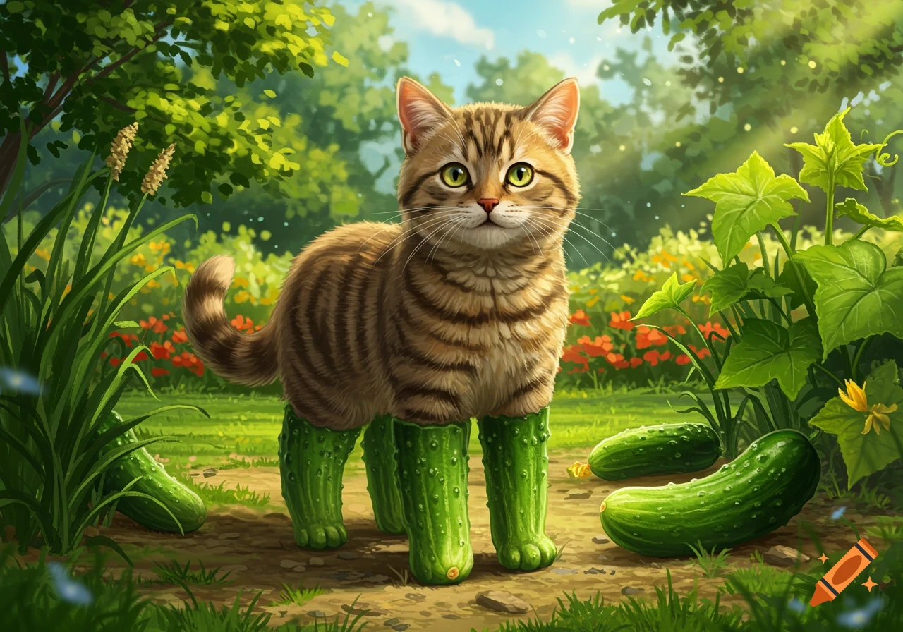 A cartoon tabby cat with green cucumber legs stands in a sunny garden with cucumbers.
