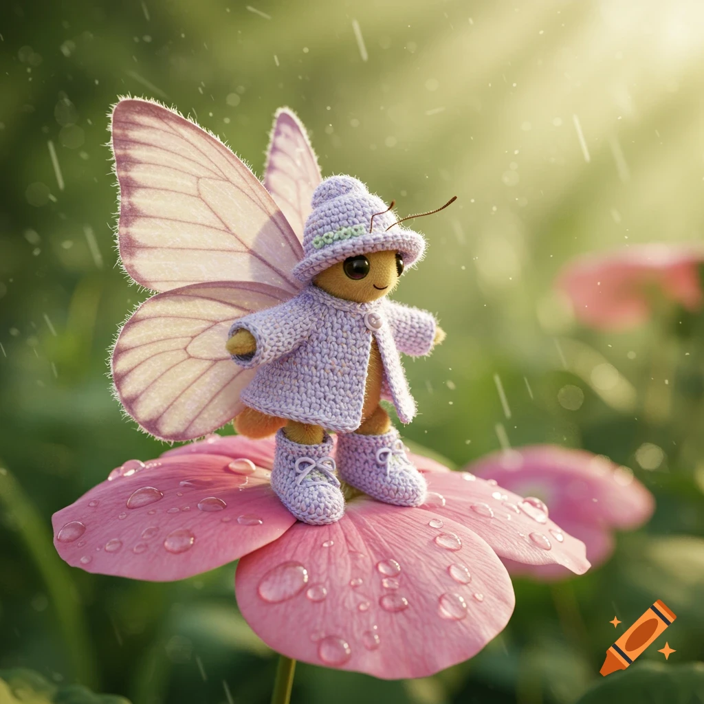A whimsical, photorealistic knit butterfly creature wearing a lavender hat, coat, and booties, standing on a pink flower with raindrops.