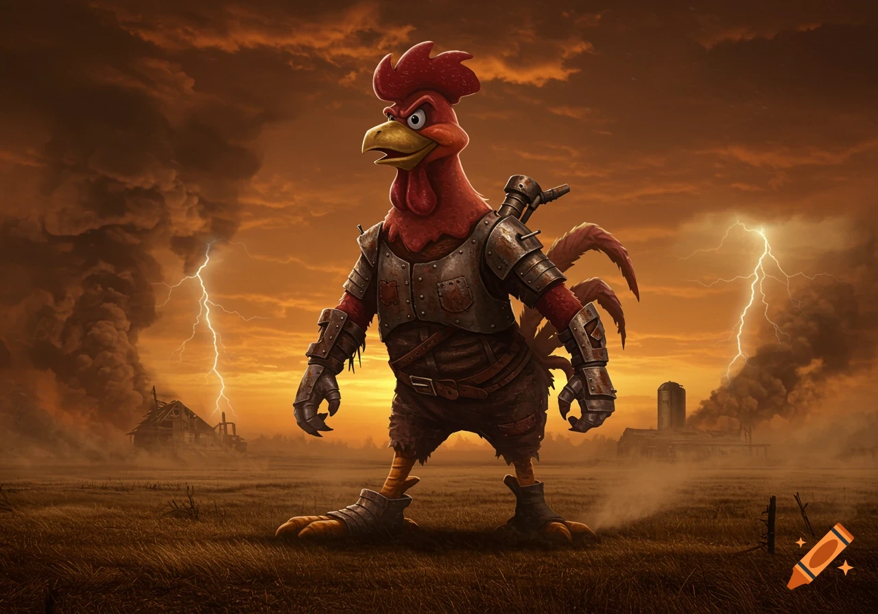 A cartoonish armored rooster stands in a stormy, post-apocalyptic field with lightning and ruined buildings.