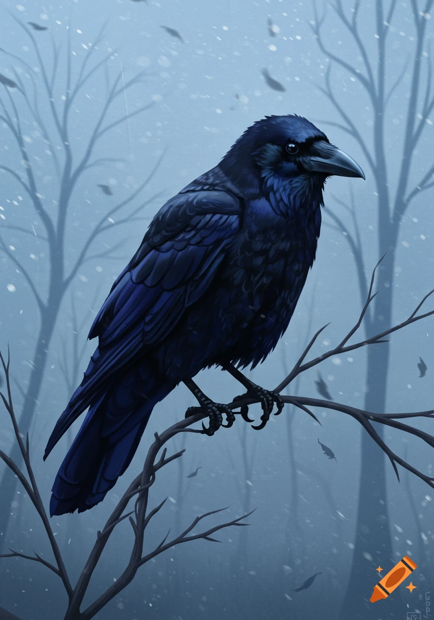 A dark crow with blue-black feathers perched on a bare branch in a snowy, misty forest.