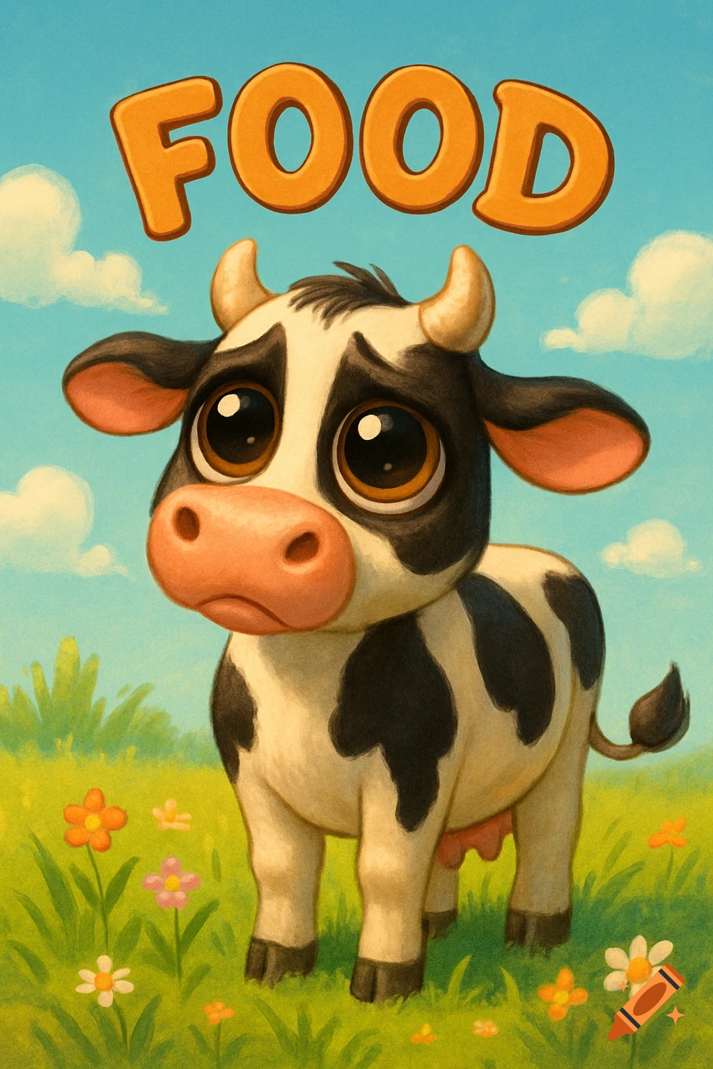 A cartoon cow with large, sad eyes stands in a green field with small flowers, while the orange word "FOOD" hovers above its head.