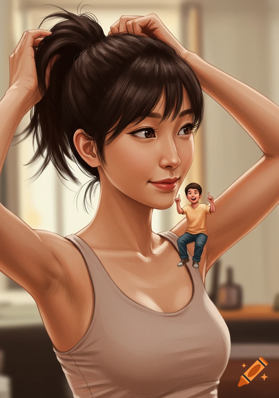 Digital art of an Asian woman in a tank top tying her hair, with a tiny man on her arm looking up at her in awe.