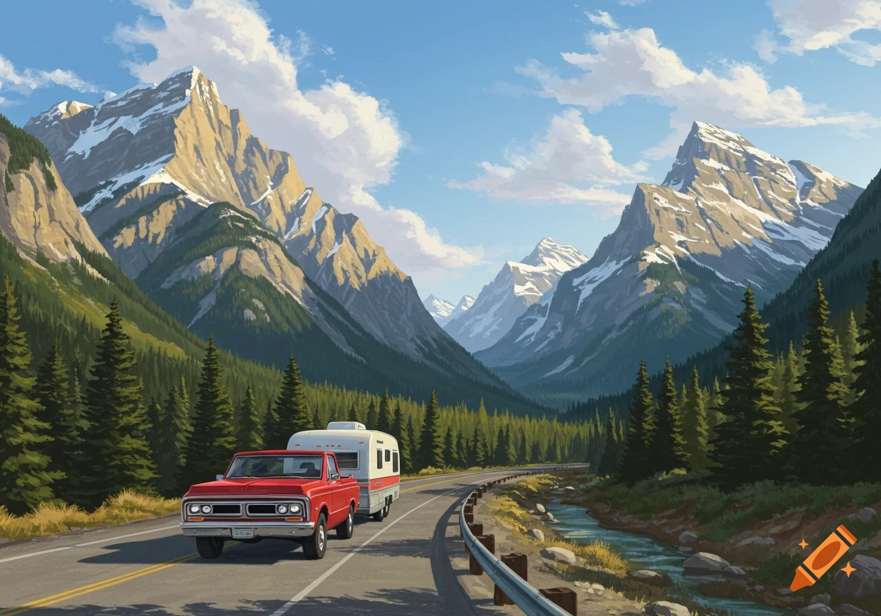 A red GMC truck pulling a silver and white trailer drives along a winding highway through a vast mountain valley with pine forests under a blue sky.