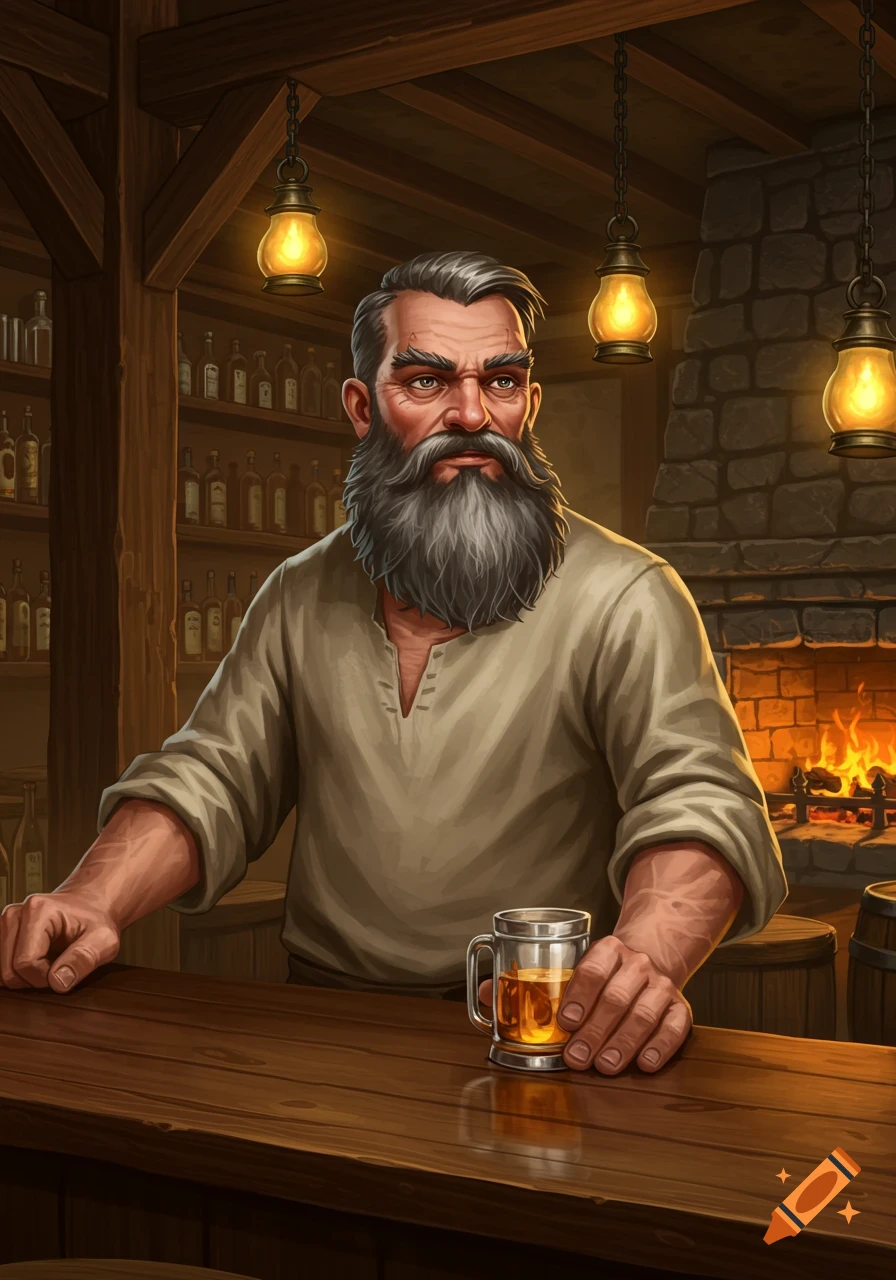 A grizzled bearded man with an annoyed expression stands behind a wooden bar in a dimly lit tavern, holding a mug.