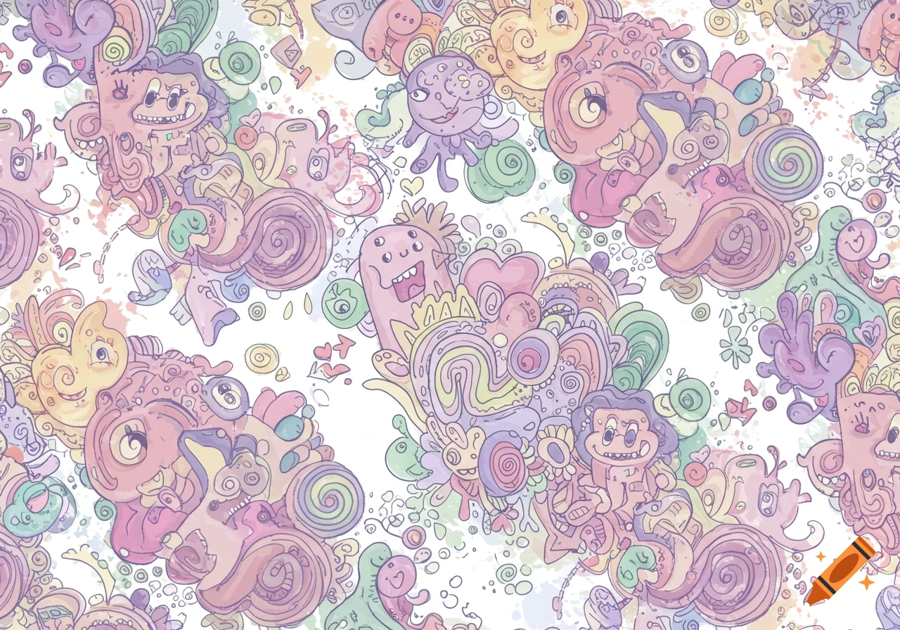 A colorful pastel doodle art pattern featuring whimsical cartoon monsters and abstract shapes.