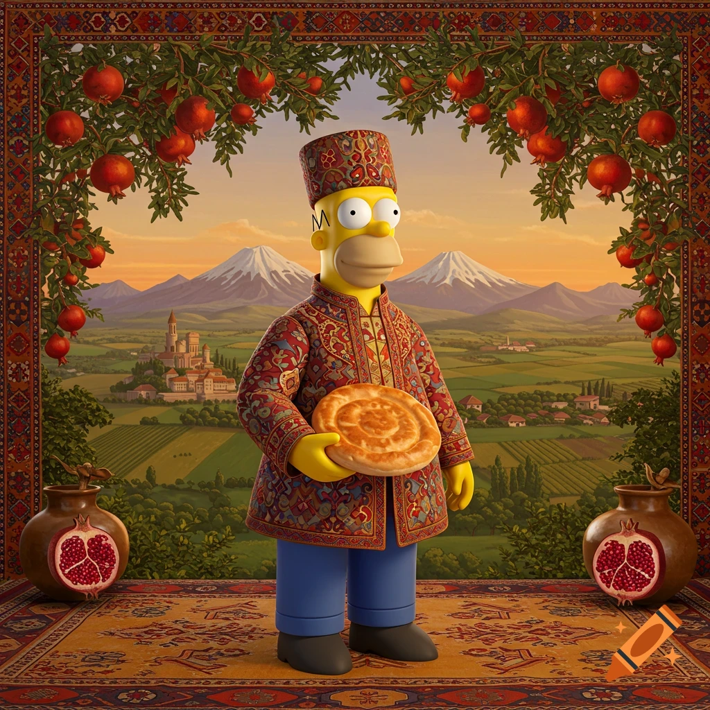 A yellow cartoon character resembling Homer Simpson, dressed in elaborate red and gold traditional Armenian attire, holds a round flatbread. He stands on a patterned carpet framed by pomegranate branches, with a scenic backdrop of mountains and a village at sunset.