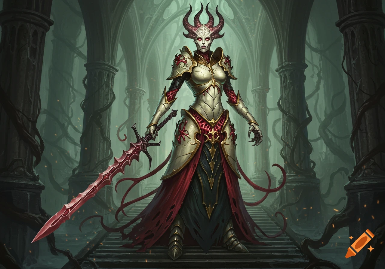 A horned demonic warrior in white and red armor stands in a gothic hall, holding a spiky red sword in a digital painting style.