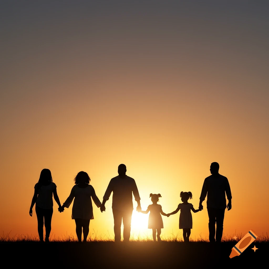 A silhouetted family of six, including adults and children, holding hands and walking across a grassy horizon at sunset.
