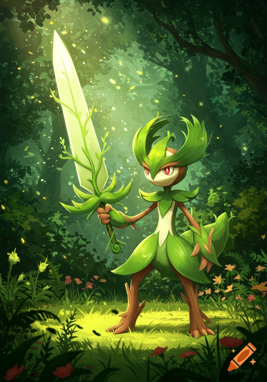 A grass-type Pok mon-like creature with a green leafy body stands in a forest, holding a glowing plant-covered sword.