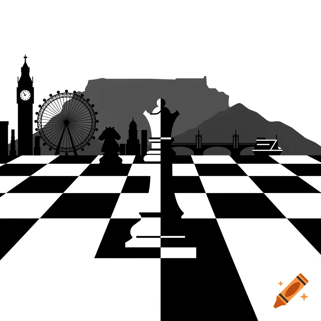 Black and white silhouette of a chessboard with chess pieces, featuring London landmarks and Table Mountain in the background.