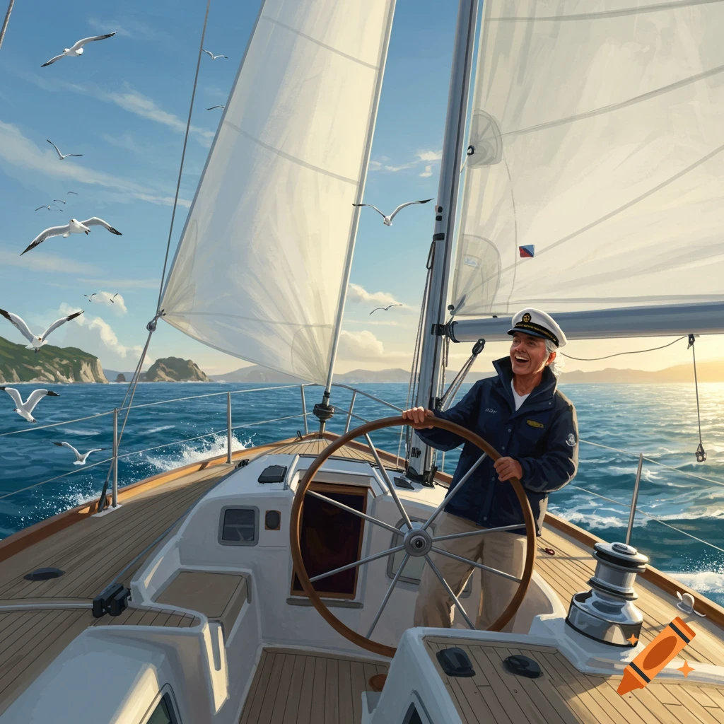 A smiling man in a captain's hat steers a sailboat on a sunny day with gulls flying around.