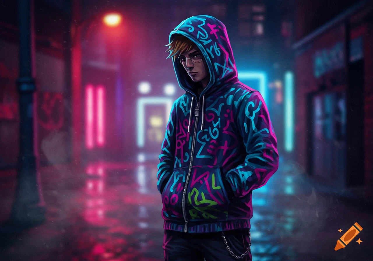 An anime-style person with glasses and blonde hair wearing a blue, pink, and green patterned hoodie in a neon-lit city alley at night.